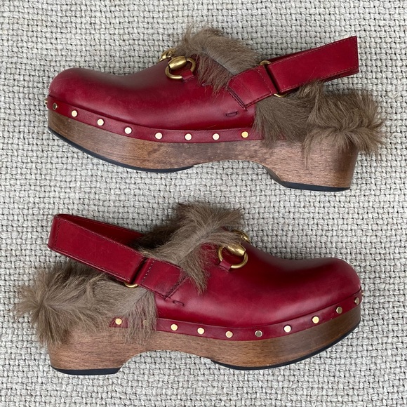 Gucci Amstel Horsebit red leather slingback accent round toe fur trim clogs - Picture 11 of 17